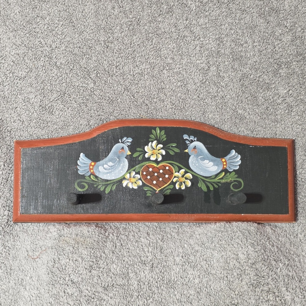 Vintage Hand Painted Wall Hanging With Pegs Blue Birds